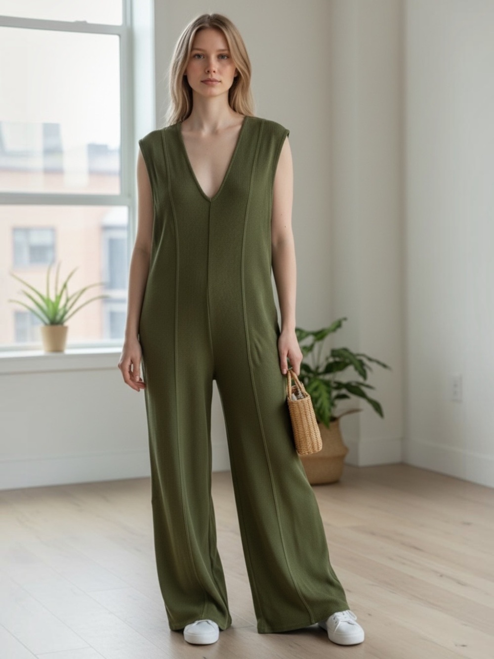 Free People FP Beach Olive Green Cotton Wide Leg Jumpsuit Size XS